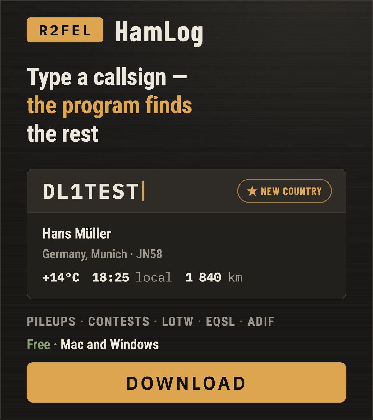 R2FEL HamLog — type a callsign, the program finds the rest